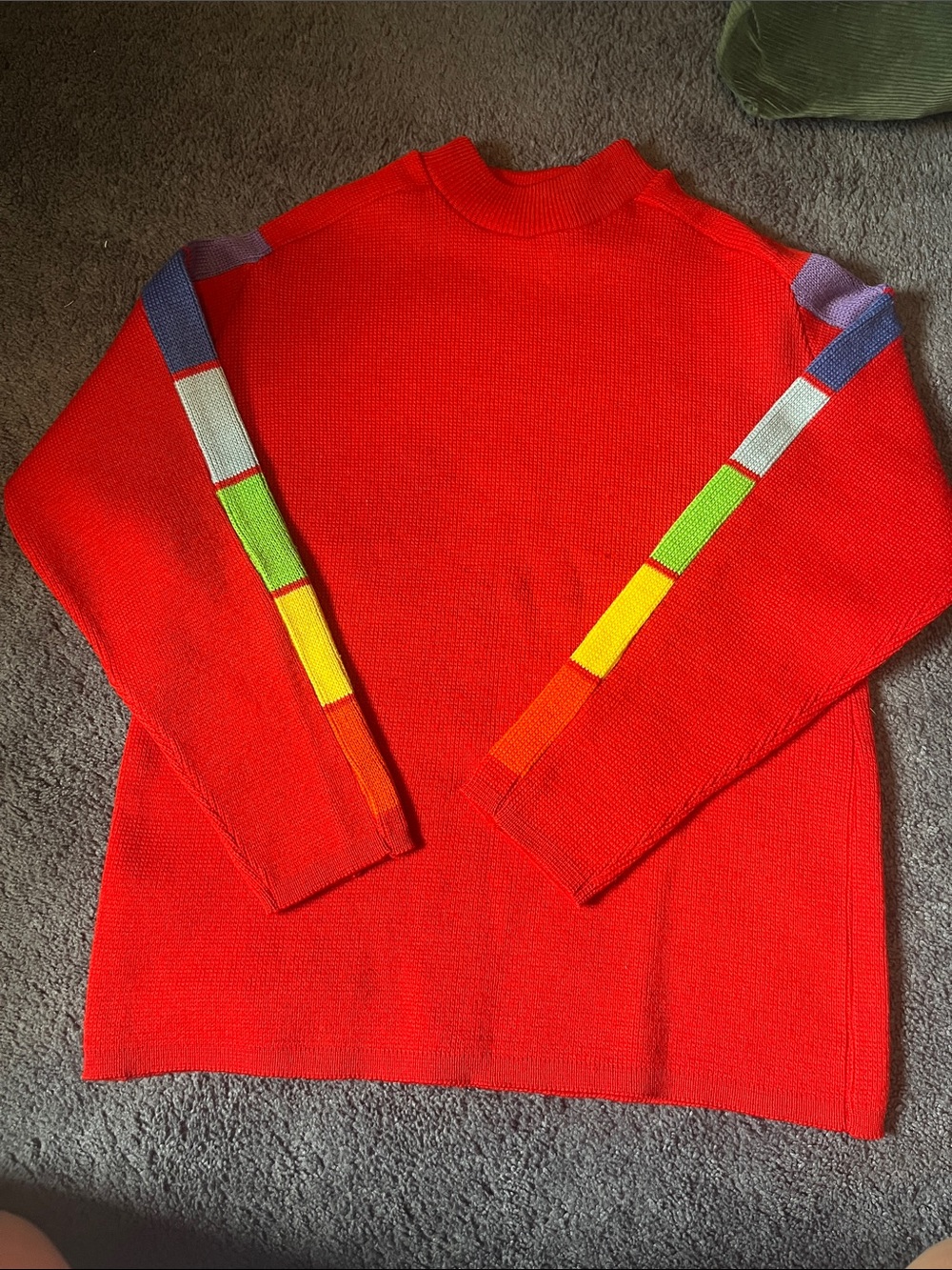 Men's Red Crewneck Sweater with Multicolor Sleeve Blocks
